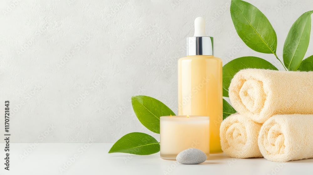 Tranquil Spa Setting with Essential Oil Bottle, Soft Towels, Candle, and Natural Green Leaves on Minimalist Background Tranquil Spa Setting with Essential Oil Bottle, Soft Towels, Candle, and Natural Green Leaves on Minimalist Background