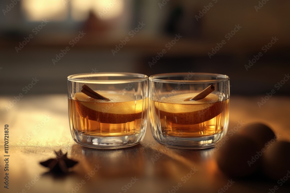 Two glasses of spiced apple drink with cinnamon sticks, evoking a cozy autumn atmosphere. Two glasses of spiced apple drink with cinnamon sticks, evoking a cozy autumn atmosphere.