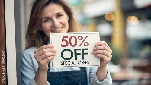 Wallpaper Mural Woman holding a poster with the inscription - 50% DISCOUNT special offer Torontodigital.ca