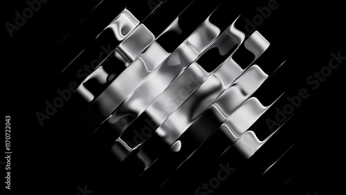 Fototapeta Naklejka Na Ścianę i Meble -  3d rendering, abstract minimalist black background. Diagonal composition of metallic ribbons with a ripple effect, fluid foil stripes. Silver fashion wallpaper