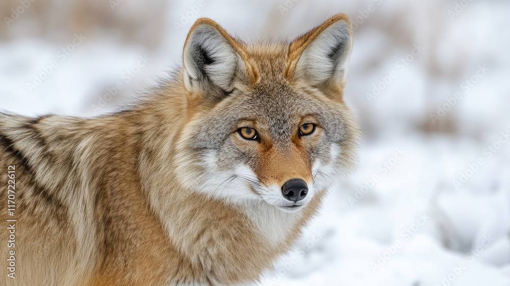 A close-up of a coyote in a snowy landscape, showcasing its features and environment. A close-up of a coyote in a snowy landscape, showcasing its features and environment.