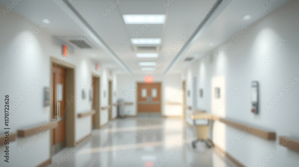 Blurred Hospital Hallway Background: Empty Corridor in Medical Clinic or Healthcare Setting Blurred Hospital Hallway Background: Empty Corridor in Medical Clinic or Healthcare Setting