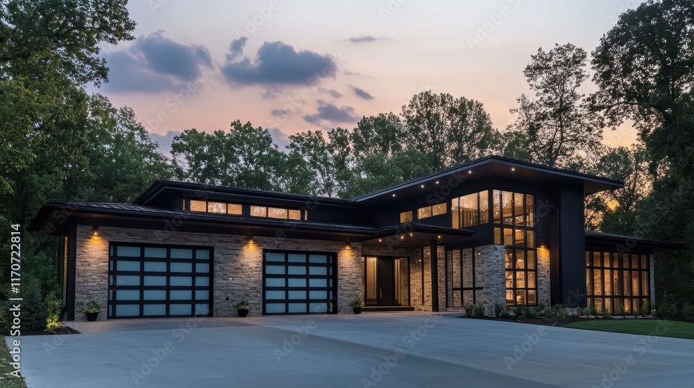 Modern Architectural House at Dusk Surrounded by Trees Modern Architectural House at Dusk Surrounded by Trees