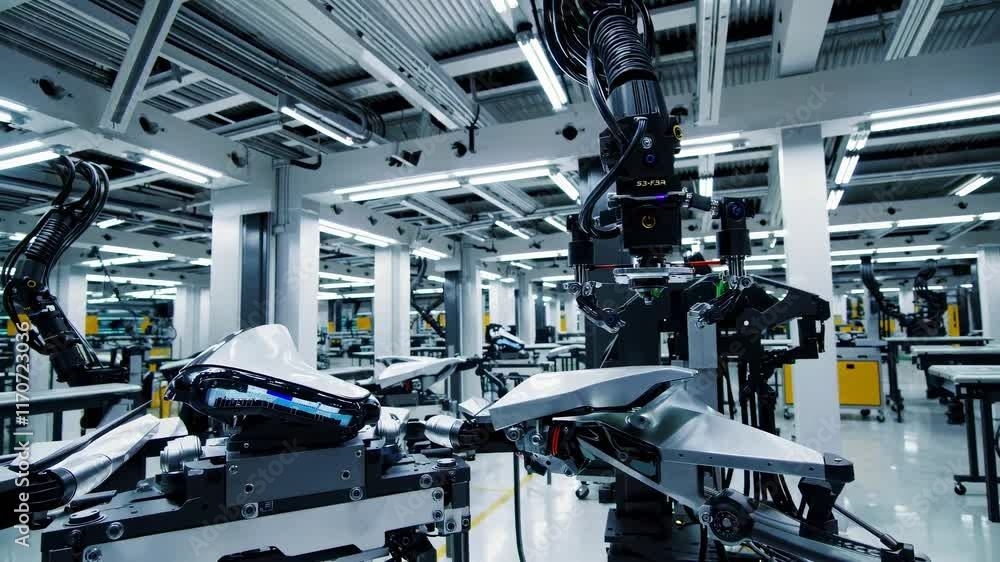 Advanced robotic arm assembles components in modern manufacturing facility Advanced robotic arm assembles components in modern manufacturing facility