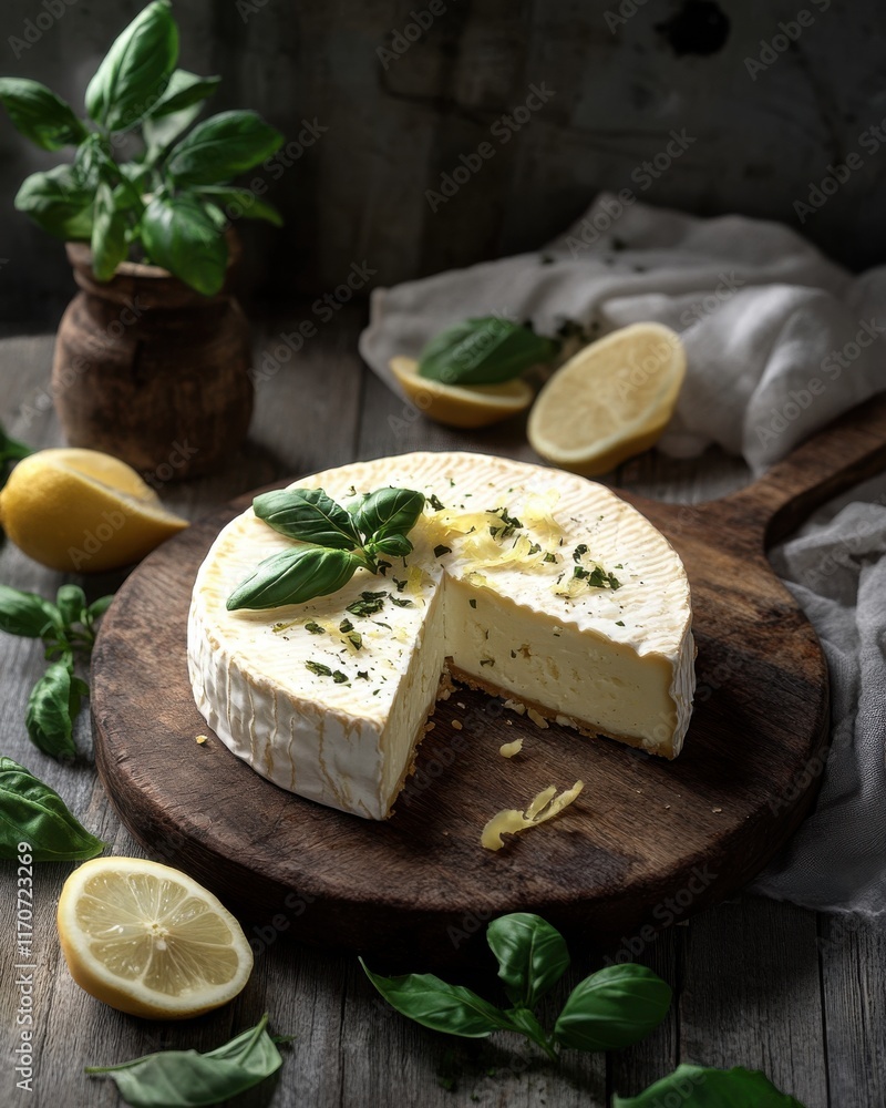 A delicious wheel of creamy cheese garnished with fresh basil and lemon slices on a rustic wooden board. A delicious wheel of creamy cheese garnished with fresh basil and lemon slices on a rustic wooden board.