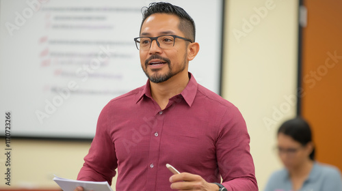 Latino activist facilitating health equity workshop, holding notes and gesturing emphatically with pen in community setting photo