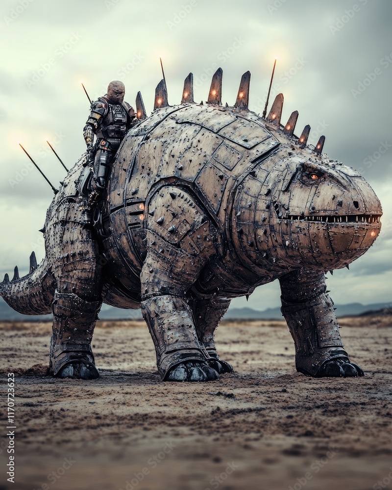 Fototapeta premium A futuristic armored creature with a rider in a desolate landscape.