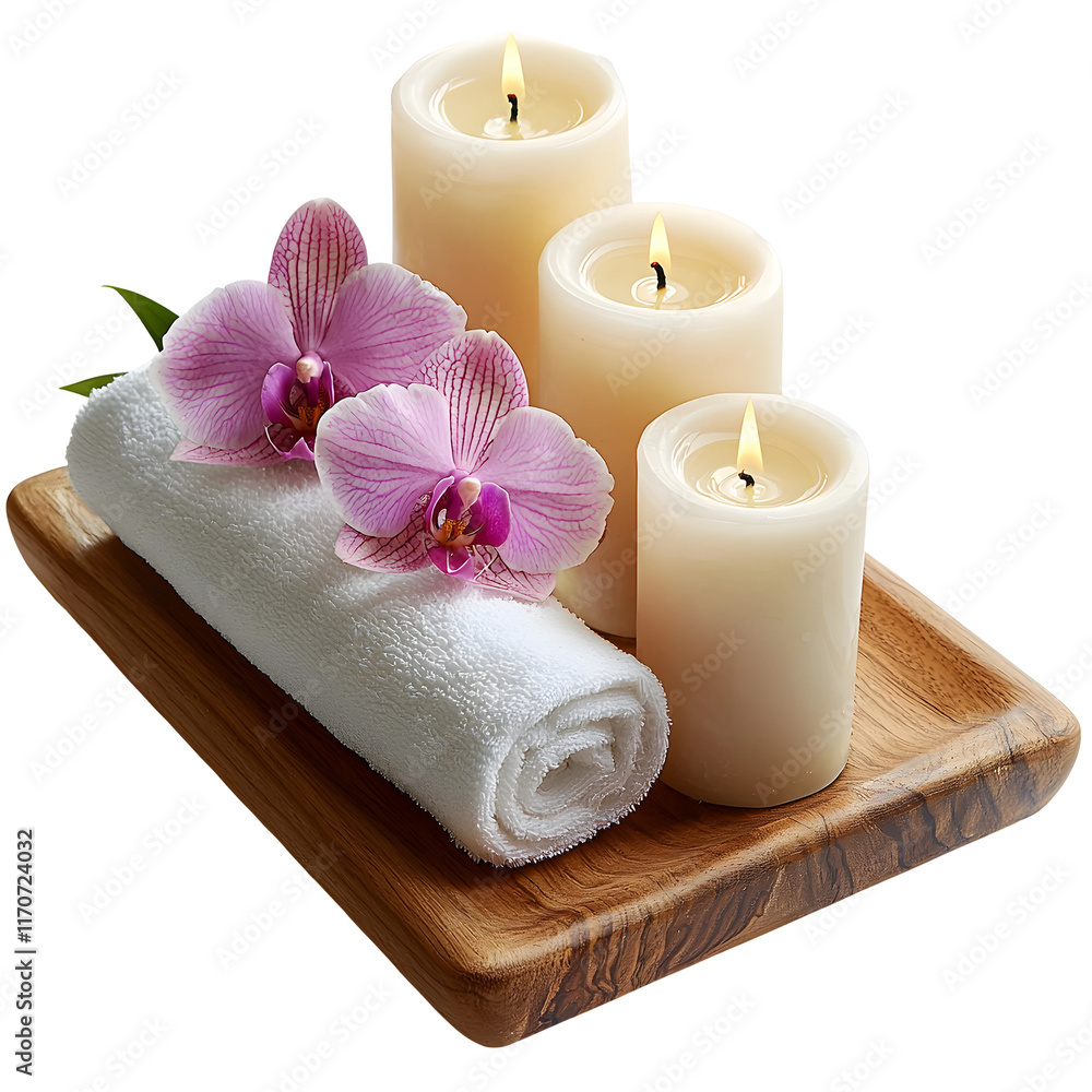 A wooden tray holding three white candles, towel and orchid isolated on transparent background
A wooden tray holding three white candles, towel and orchid isolated on transparent background