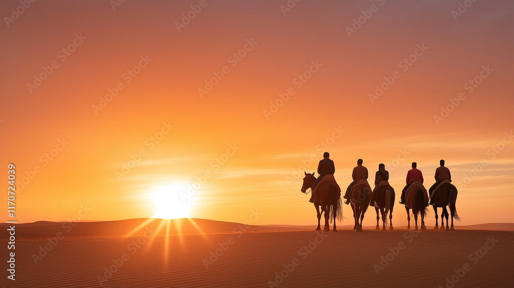 Horseback riders traversing sandy terrain, silhouetted against golden sunset, embodying wanderlust and desert adventure