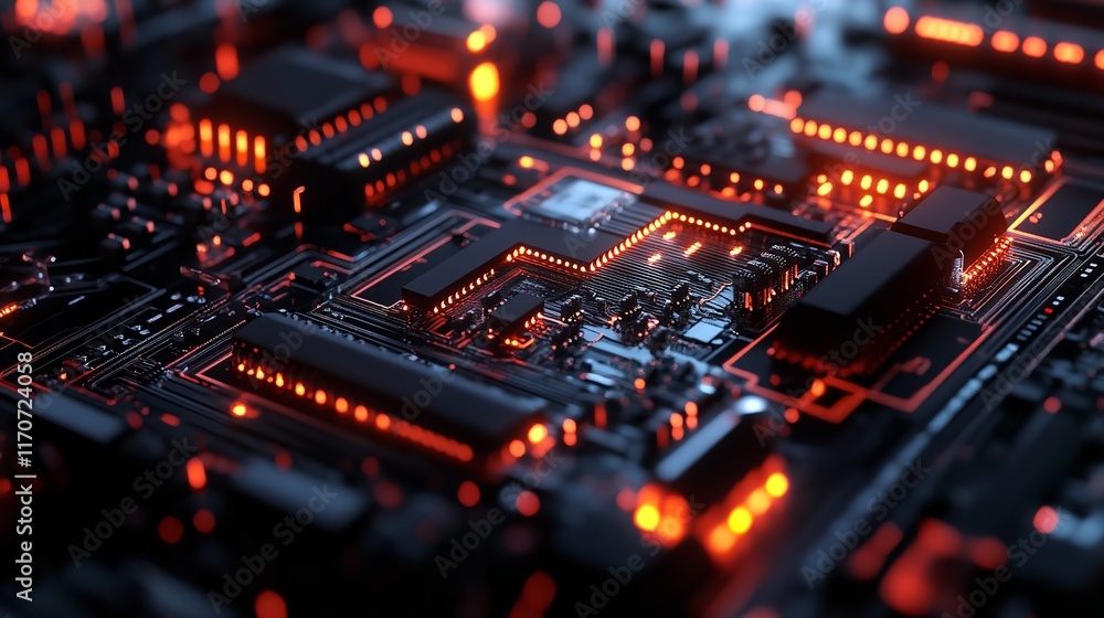 Abstract Circuit Board Technology Digital Art Background Red Orange Glowing Lines dark data wire    