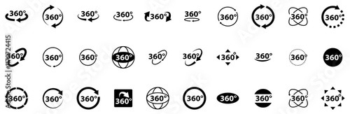 360 degrees arrow, rotate around set icon. Circle signs vertical, horizontal and diagonal view with arrows rotation to 360 degrees. Virtual reality. Rotate cycle, circular moving symbol. EPS 10