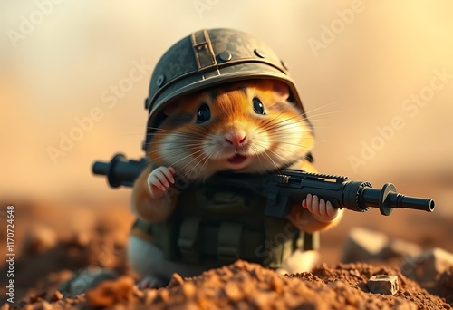 Cute Hamster Soldier Holding Submachine Gun Desert Background photo