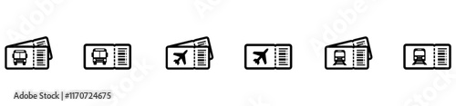 Ticket icon set. Bus, train, airplane ticket icon. Transport ticket icon. Travel icon. Vector Illustration. EPS 10