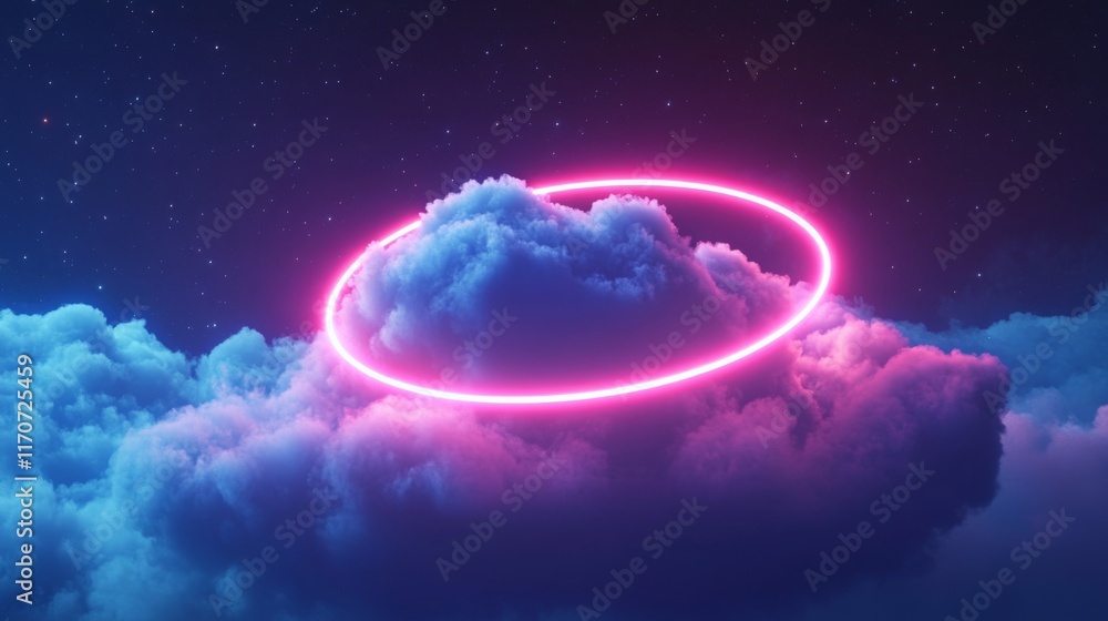 Obraz premium Neon Pink Circle in the Night Sky Clouds