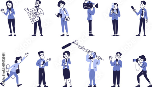 A set of media industry characters, journalists, editors, sound technicians, photographers.