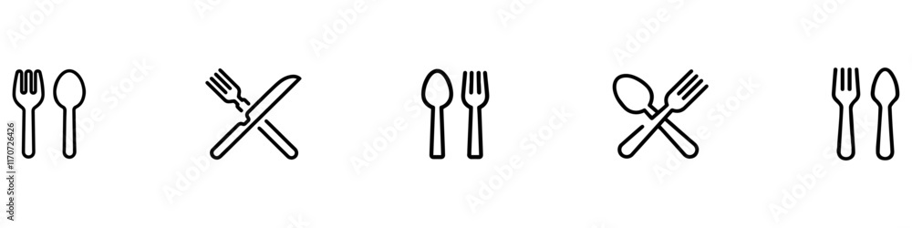 Cutlery vector icon set. Fork, Spoon and Knife icons. Silverware icons. Black silverware icon. Vector Illustration. EPS 10 Cutlery vector icon set. Fork, Spoon and Knife icons. Silverware icons. Black silverware icon. Vector Illustration. EPS 10