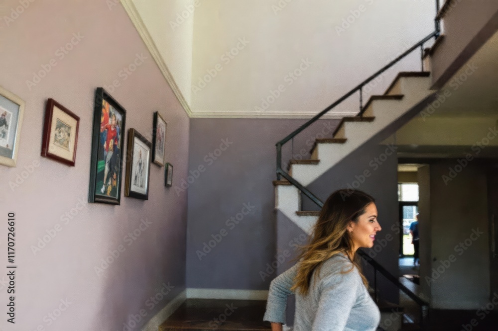 Woman running downstairs, partial view Woman running downstairs, partial view