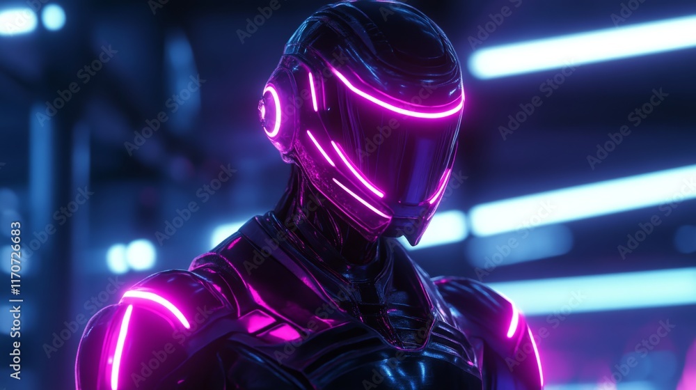 Naklejka premium A sleek, futuristic cyborg with neon lights in a sci-fi environment
