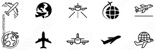 Airplane icon set. Plane symbol in black outline design. Plane icon collection. Airplane icon vector. Flight transport symbol. Travel concept. Vector Illustration. EPS 10