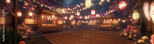 Wallpaper Mural A serene nighttime scene with lanterns and cherry blossoms in a traditional setting. Torontodigital.ca