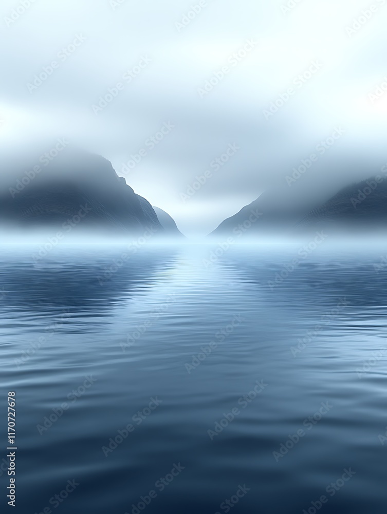 Naklejka premium Misty fjord landscape with calm water reflection.