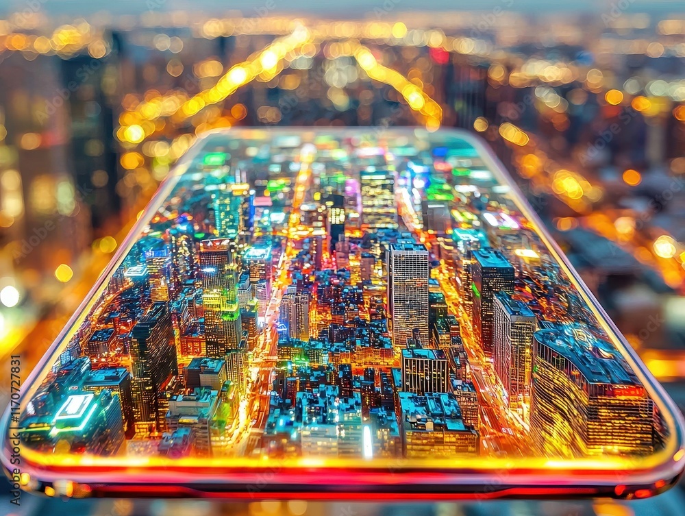 Obraz premium A close-up view of a futuristic holographic tablet displaying a vibrant 3D map with glowing data overlays. The transparent edges of the tablet project floating menus and dynamic notifications, 