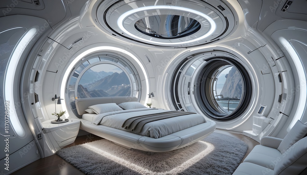 Futuristic Bedroom with Circular Bed and Panoramic Views Futuristic Bedroom with Circular Bed and Panoramic Views