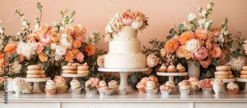 Wallpaper Mural Elegant Wedding Dessert Table Decorated with Peach and White Flowers, Macarons, and Cupcakes Torontodigital.ca