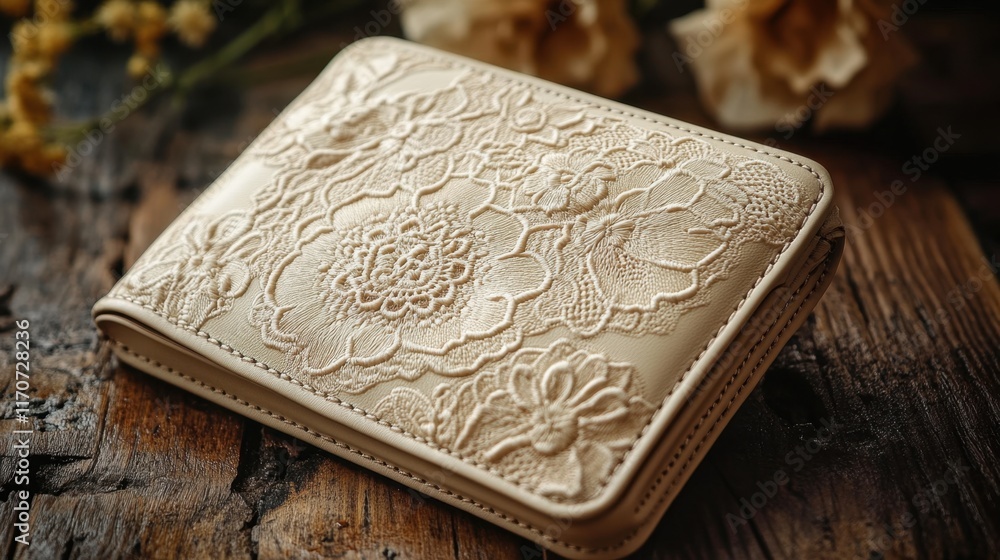 Fototapeta premium Elegant handcrafted leather wallet adorned with intricate floral patterns placed on rustic wooden surface. Generative AI