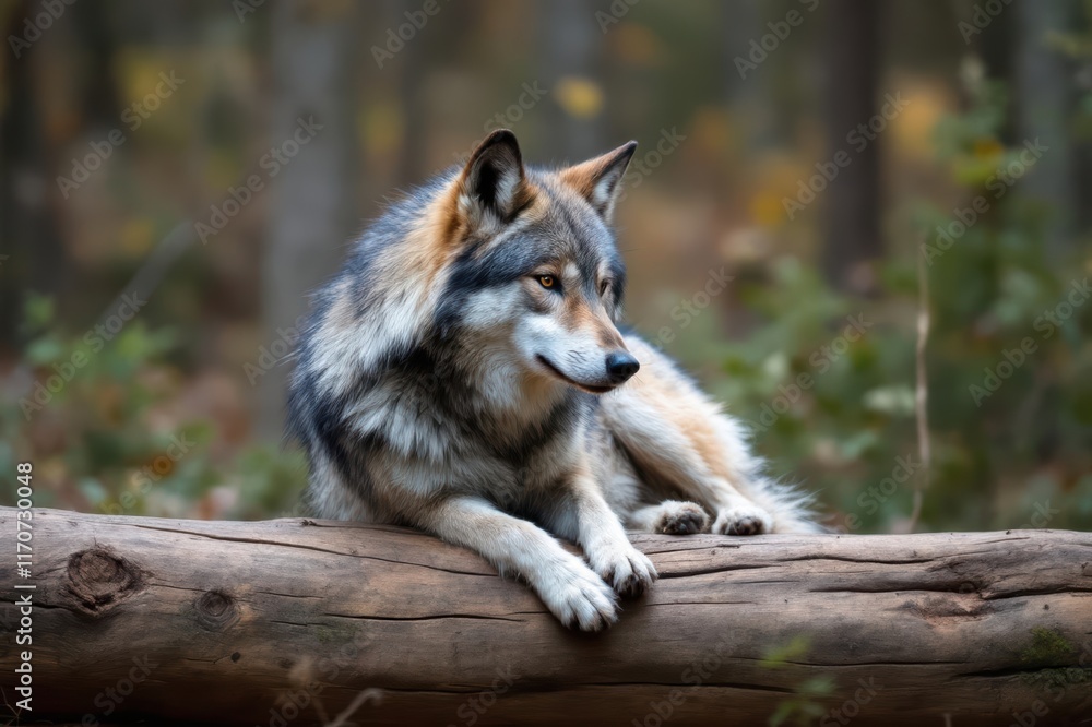 Obraz premium Eurasian wolf on a log in the forest