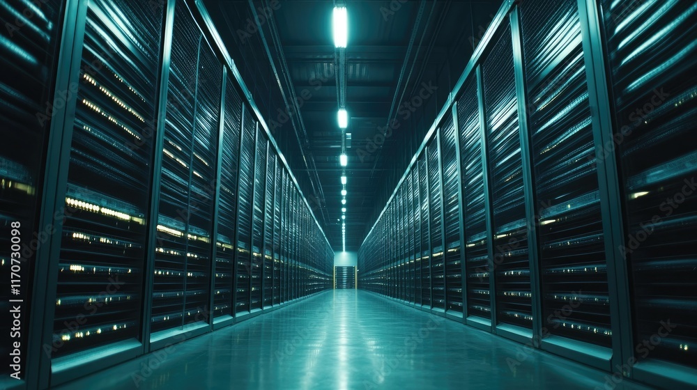 Obraz premium Server Room Corridor: A Glimpse into the Digital Heart of Modern Technology