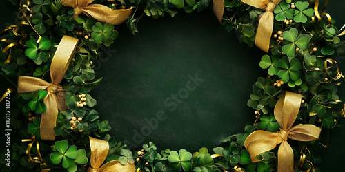 A decorative wreath made of green clovers with golden bows and ribbons frames an empty center. The dark green background enhances the festive details, evoking the spirit of Saint Patrick Day celebrati photo