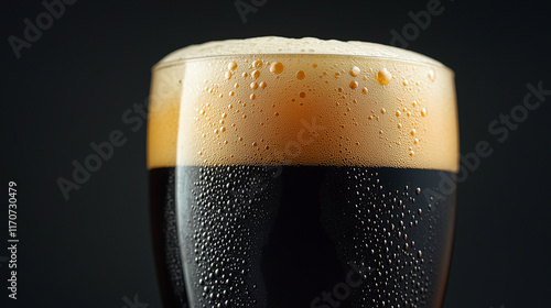 Close-up of a pint of dark beer with a thick, creamy foam head and condensation forming on the glass. The smooth, rich color contrasts with the dark background, emphasizing the drink's texture.  
 photo