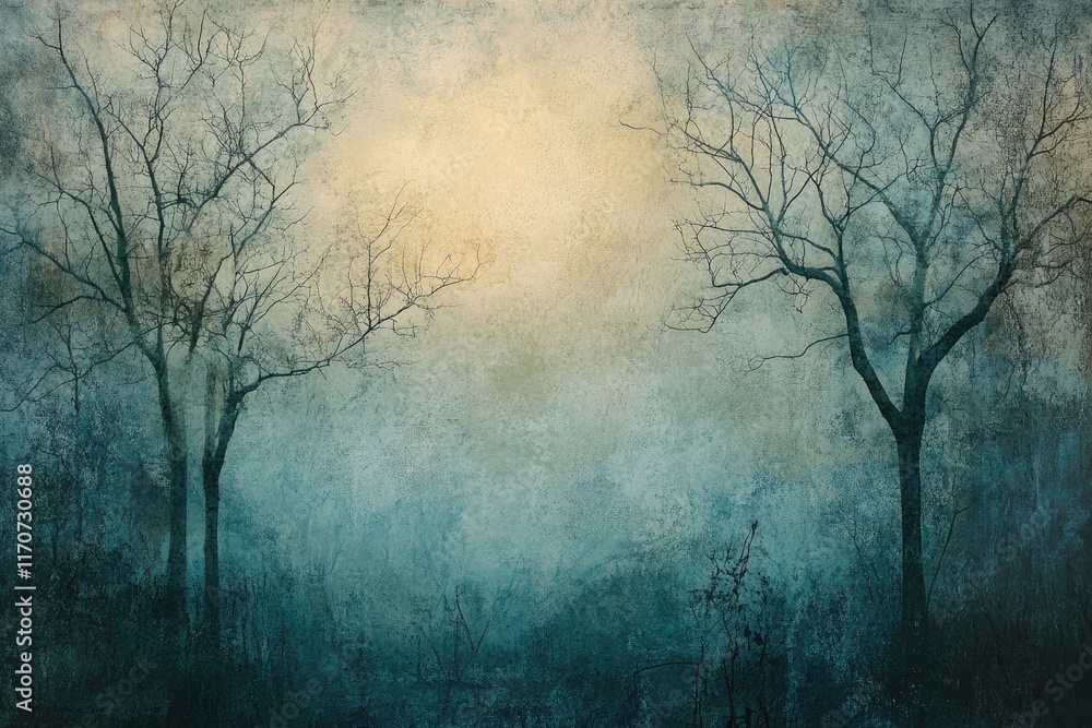 Two Bare Trees Stand Silhouetted Against A Misty Sky Two Bare Trees Stand Silhouetted Against A Misty Sky