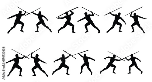 A set of javelin throw vector silhouette