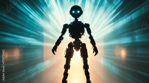 A silhouette of a robot with glowing eyes stands against a vibrant light burst