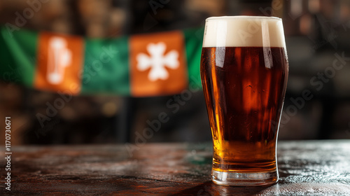 A glass of dark beer with foam on a wooden table. In the background, a festive banner in Irish colors creates a Saint Patrick's Day celebration atmosphere.  
 photo