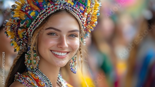 Beautiful Woman Wearing Vibrant Colorful Headpiece
