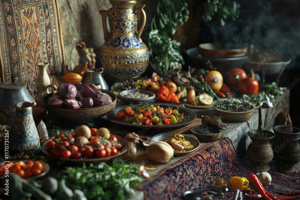 Obraz premium A beautiful array of vibrant vegetables and herbs on a rustic table, showcasing nature's bounty.