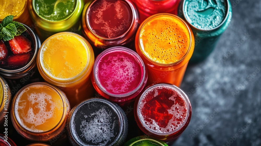 Vibrant Variety of Fresh Juices: A Colorful Display of Healthy Beverages Vibrant Variety of Fresh Juices: A Colorful Display of Healthy Beverages
