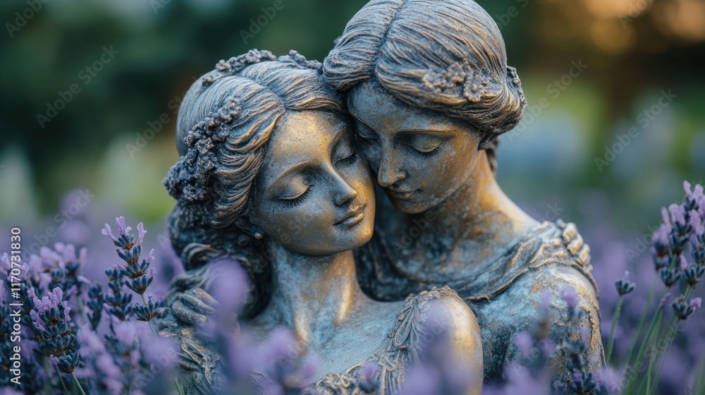 Naklejka premium Embracing moments of serenity with elegant stone sculptures surrounded by vibrant lavender blooms. Generative AI