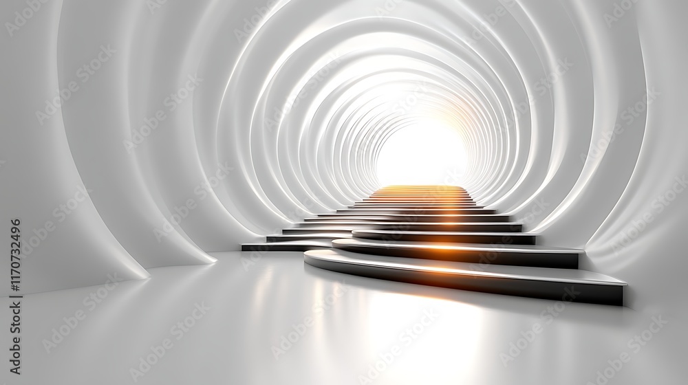 Fototapeta premium Abstract circular tunnel with stairs leading to light.
