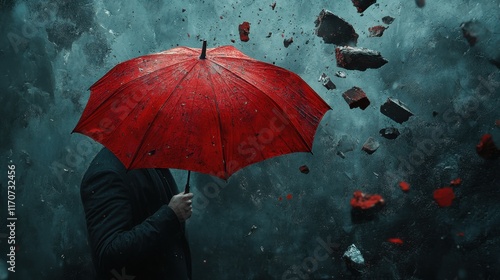 Red umbrella stands resilient against a storm of crumbling bricks in a dramatic urban setting. Generative AI