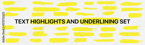 Yellow vector marker graphic stylish element. Yellow highlight marker stripes isolated on white background. Highlighting and underlining text. Brush lines.