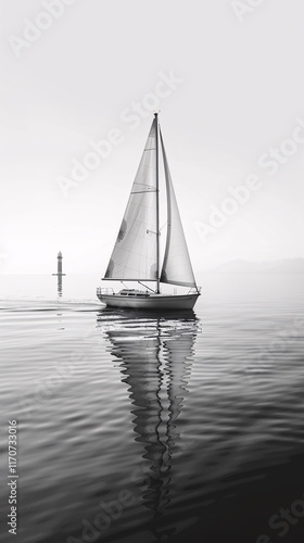 minimalist sailboat silhouette on tranquil sea black and white fine art photography photo