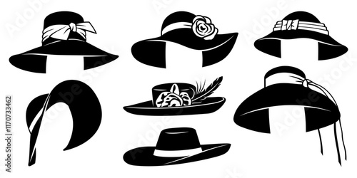 Set of Woman Hats. Black and white vector cliparts isolated on white.