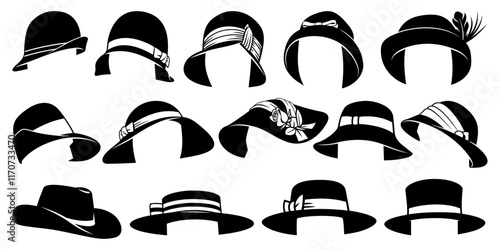 Woman Hats Set. Black and white vector cliparts isolated on white.