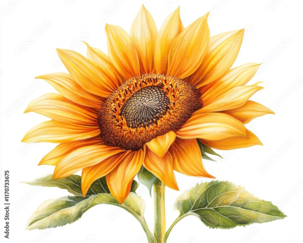 Bright and Vibrant Sunflower with Detailed Petals and Lush Green Leaves Bright and Vibrant Sunflower with Detailed Petals and Lush Green Leaves