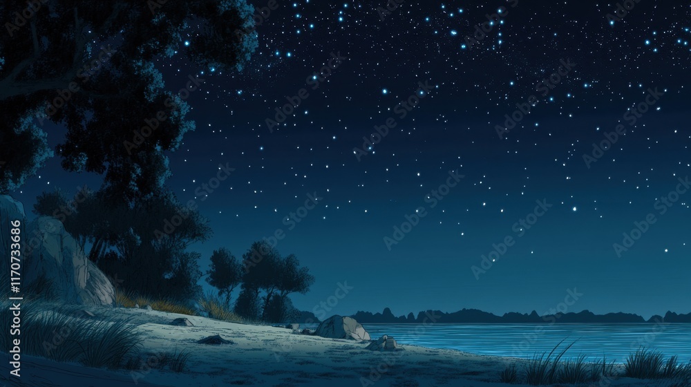 Fototapeta premium Serene Night Sky Over Calm Water with Twinkling Stars and Trees
