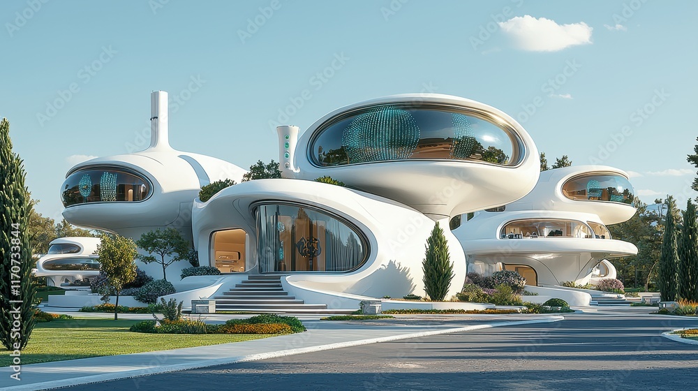 Obraz premium A futuristic city park featuring lush greenery maintained by automated drones. The park is filled with holographic art installations and robotic playgrounds where children and adults enjoy themselves 